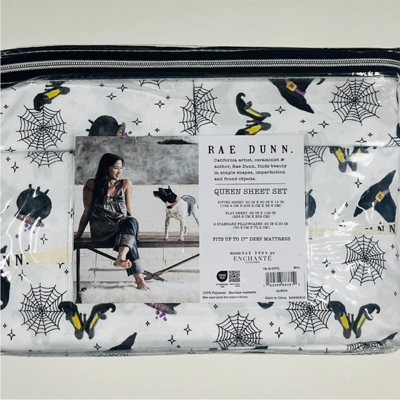 Rae Dunn Halloween QUEEN SIZE SHEET SET Witches Kettle Hat Spider Webs Shoes NEW - Picture 3 of 4